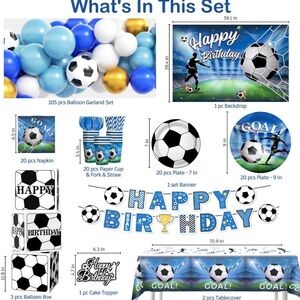 Soccer Birthday Party Supplies Set - Blue, White, Gold